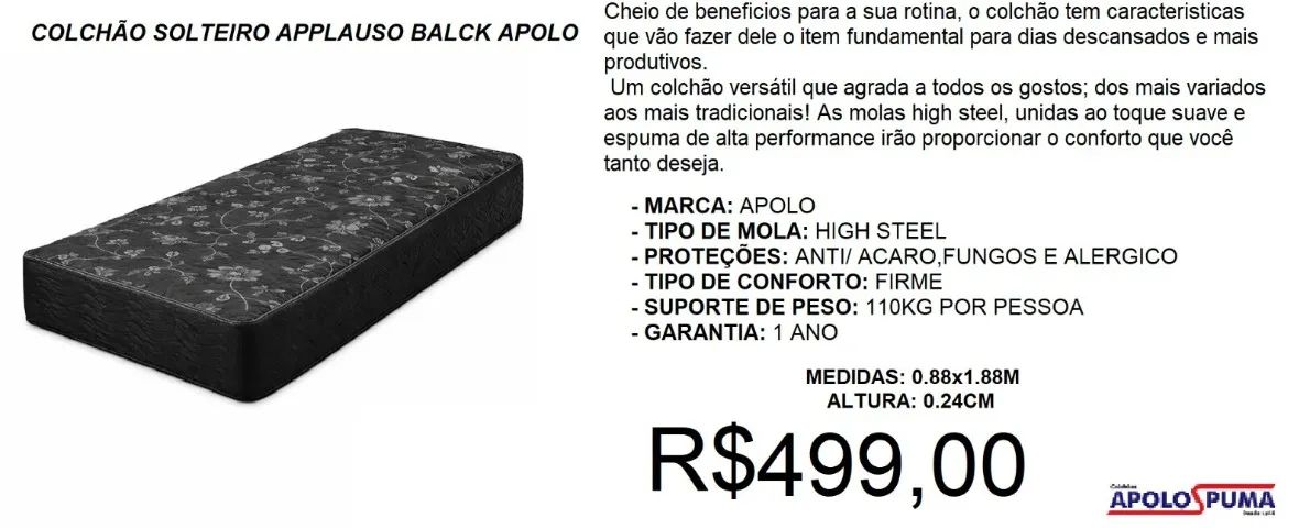 Colchão solteiro molas applauso apolo - entrega inclusa