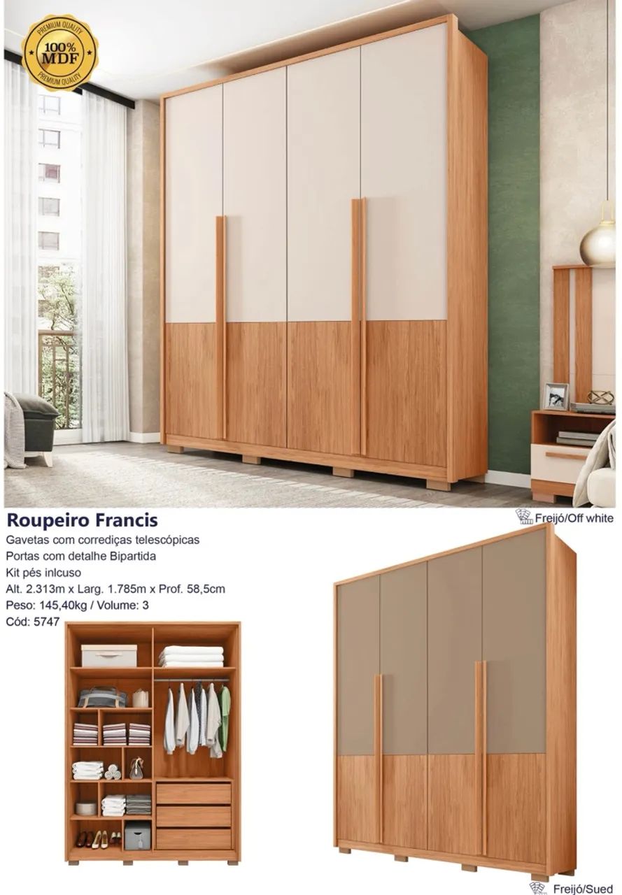 Guarda roupa Francis 4 portas MDF 