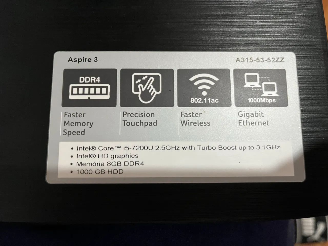 Notebook Acer Aspire 3 Modelo: A315-53-52ZZ
