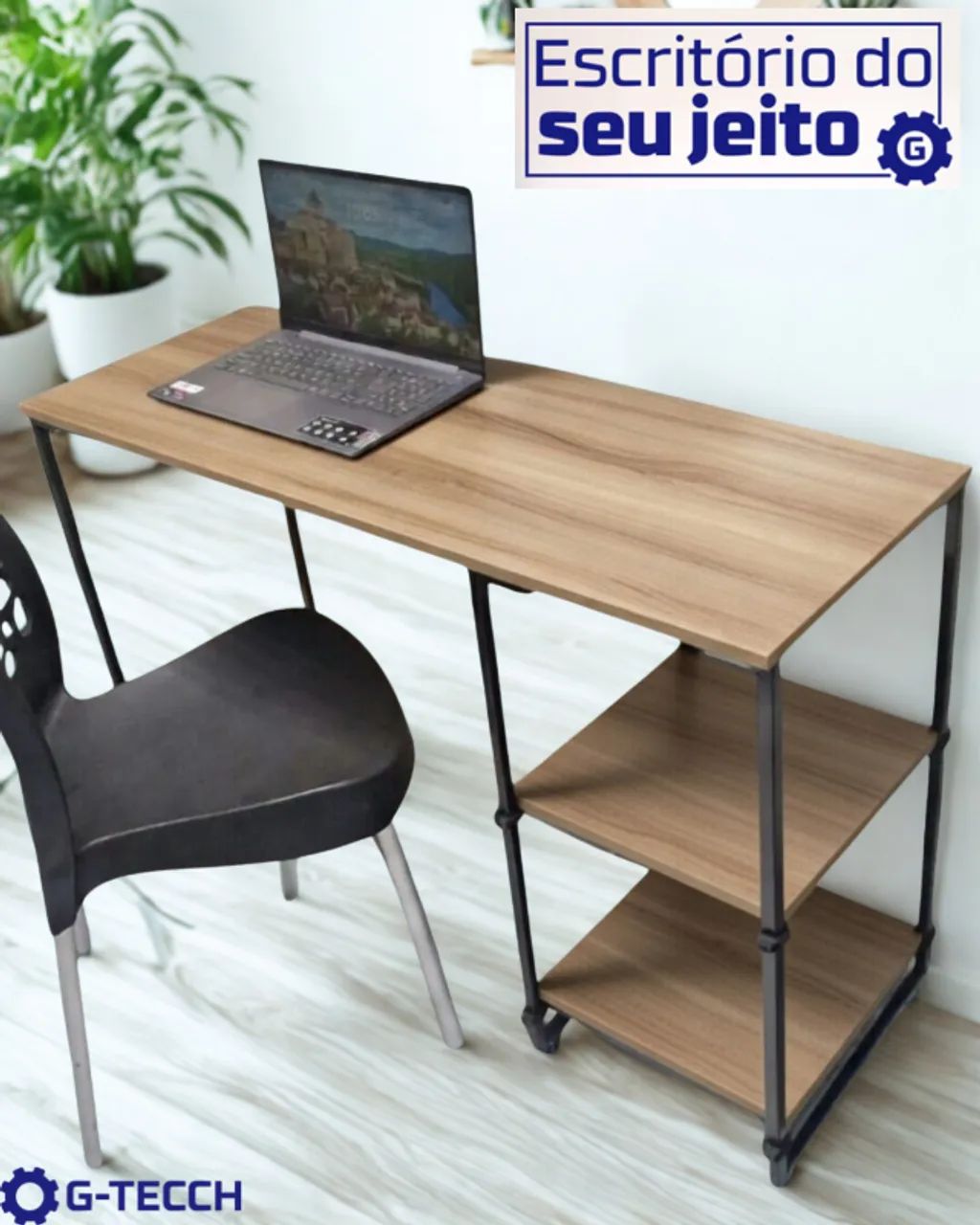 Mesa Industrial com prateleira Amadeirada 1,1m NOVA Multiuso para Computador Notebook Birô - Foto 2