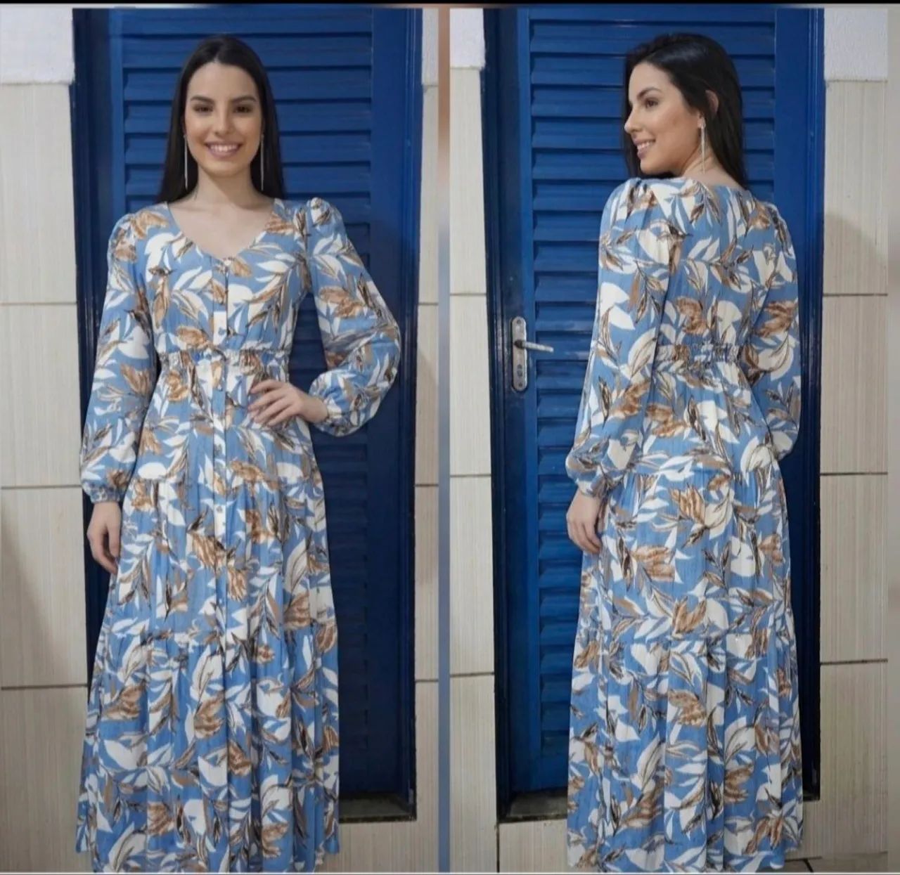 vestido longo feminino estampado azul