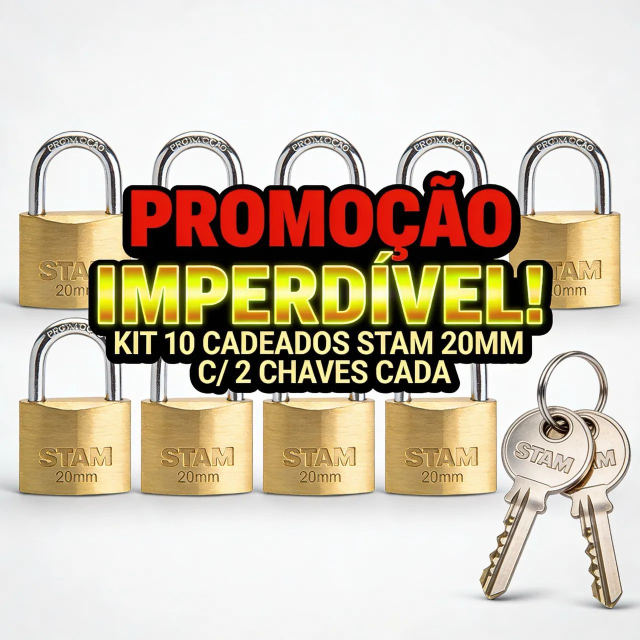 Cadeado Stam 20mm com chave kit com 10 unidades. 