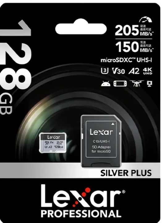 Cartão Memoria Micro SD, Lexar, Silver Plus, 128Gb, 4K V30, Class 10, Velocidade 205MB/s