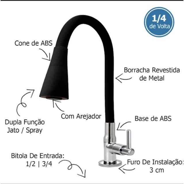 Torneira Cozinha Preta Gourmet Bancada Tubo Conico 2 Jatos - Foto 4