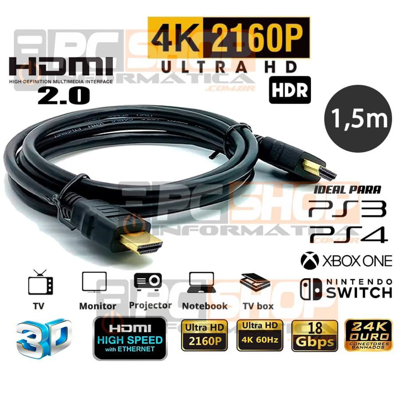 Cabo HDMI 4K 2160P 1.5m Ultra HD HDR para PS3 PS4 Xbox One Nintendo Switch
