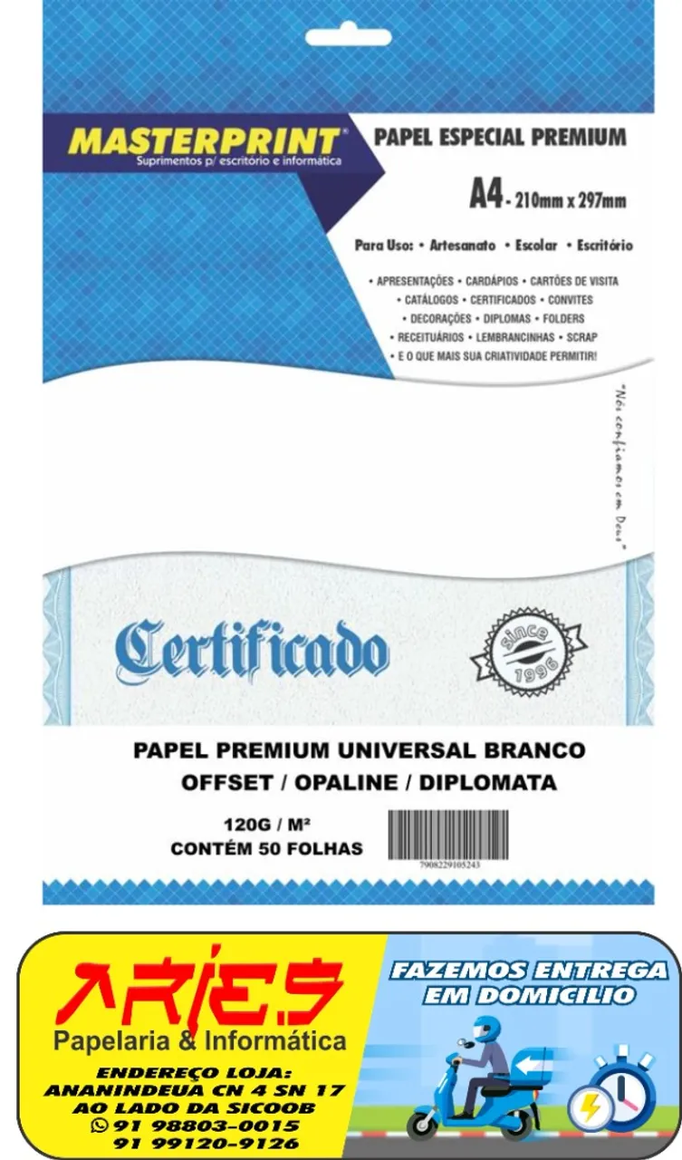 PAPEL OFFSET OPALINE DIPLOMATA MASTERPRINT A4 50 FOLHAS 120G