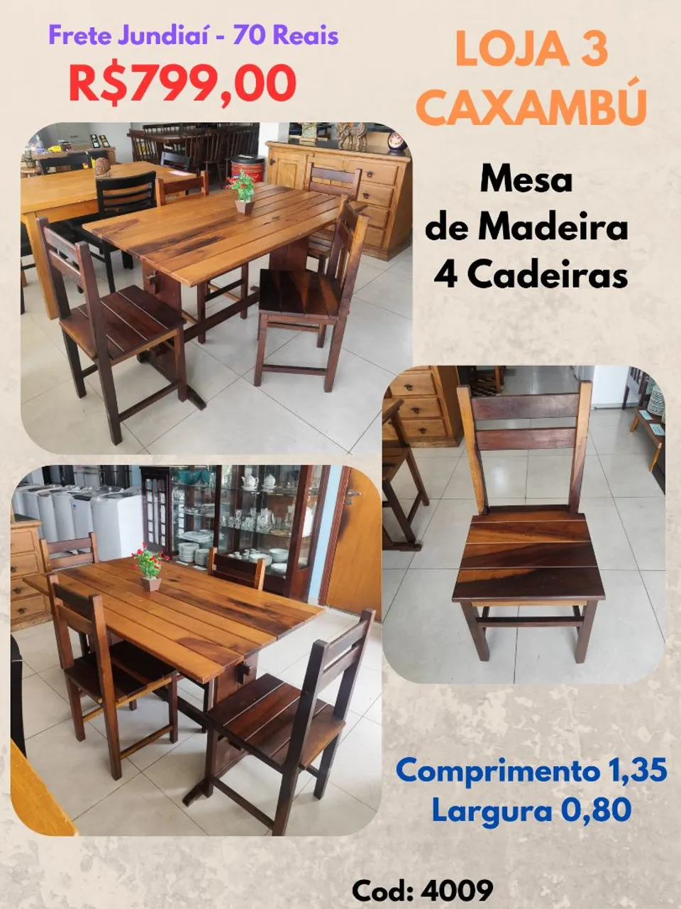 Mesa de Madeira com 4 Cadeiras - Caxambú