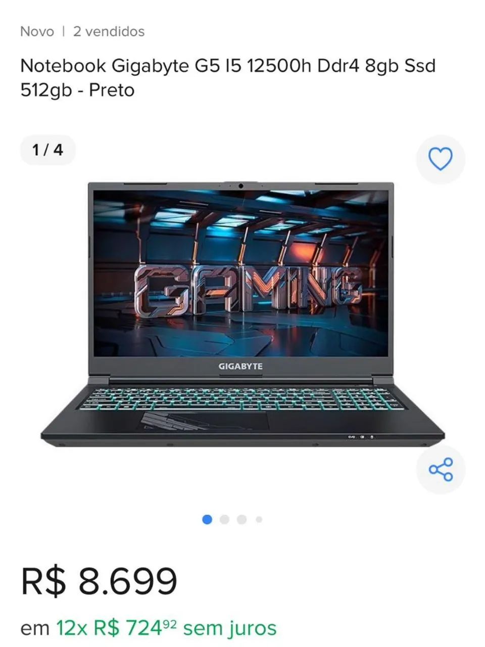 Notebook Gigabyte G5 15 12500h Ddr4 8gb Ssd 512gb - Preto