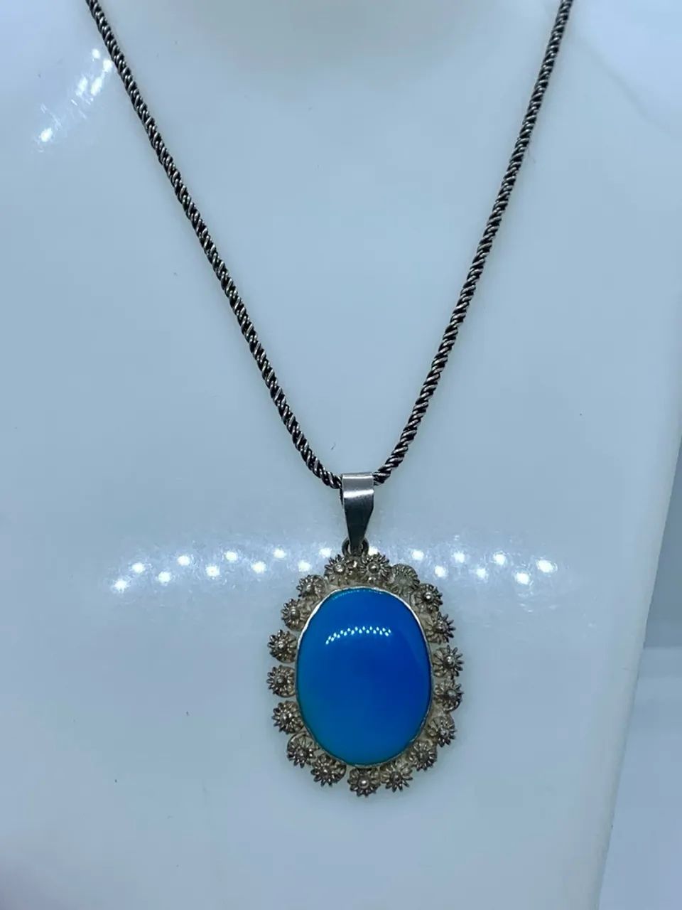 Colar de prata 925 Vintage com Pingente Oval Azul - Foto 2