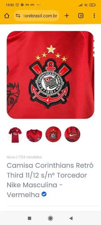 Camisa Corinthians Retrô Third 11/12 s/n° Torcedor Nike Masculina Vermelha - Foto 3