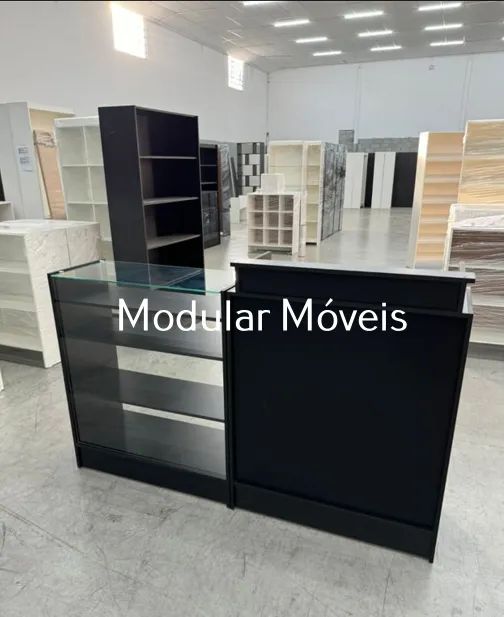 Balcão Caixa + Balcão Vitrine Preto com Vidro Superior - MDF Preto - Foto 2