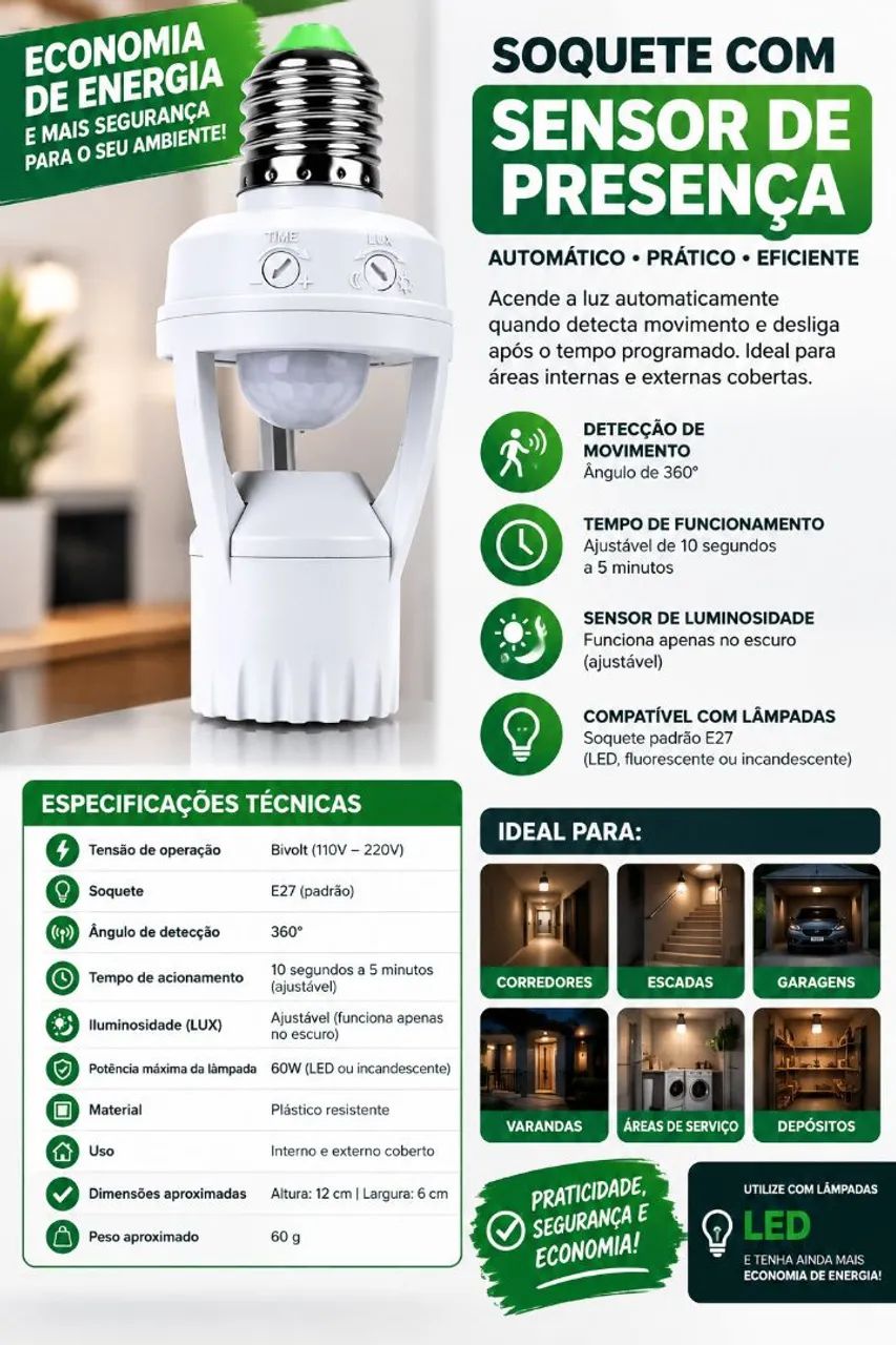  SENSOR DE PRESENÇA bivolt E27 + brinde