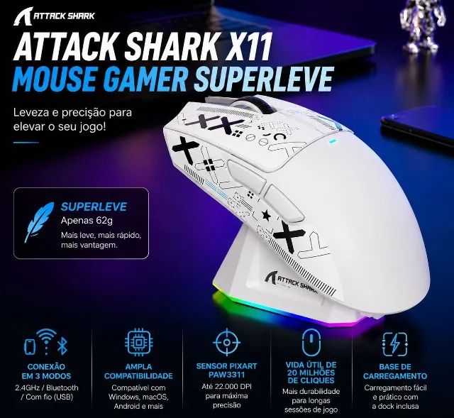 Mouse Attack Shark X11 com base de carregamento RGB - Foto 4