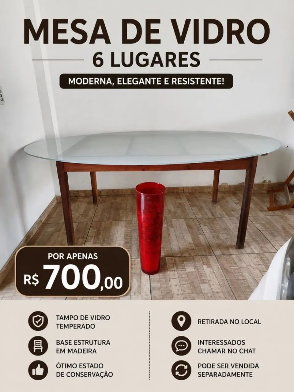Mesa de Vidro 6 Lugares + Vaso Decorativo