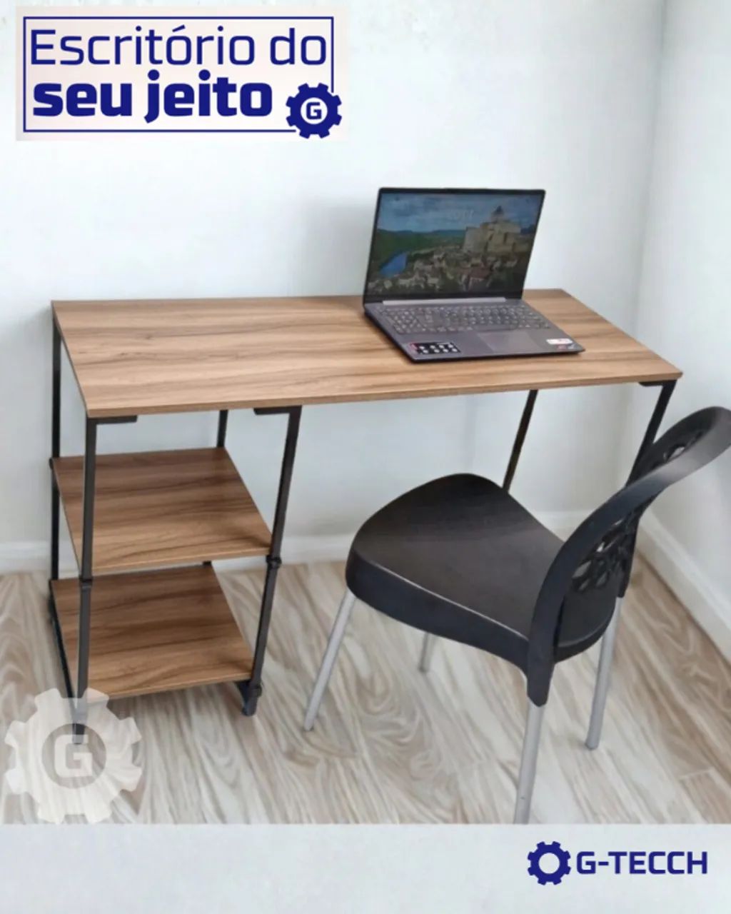Mesa Industrial com prateleira Amadeirada 1,1m NOVA Multiuso para Computador Notebook Birô - Foto 3