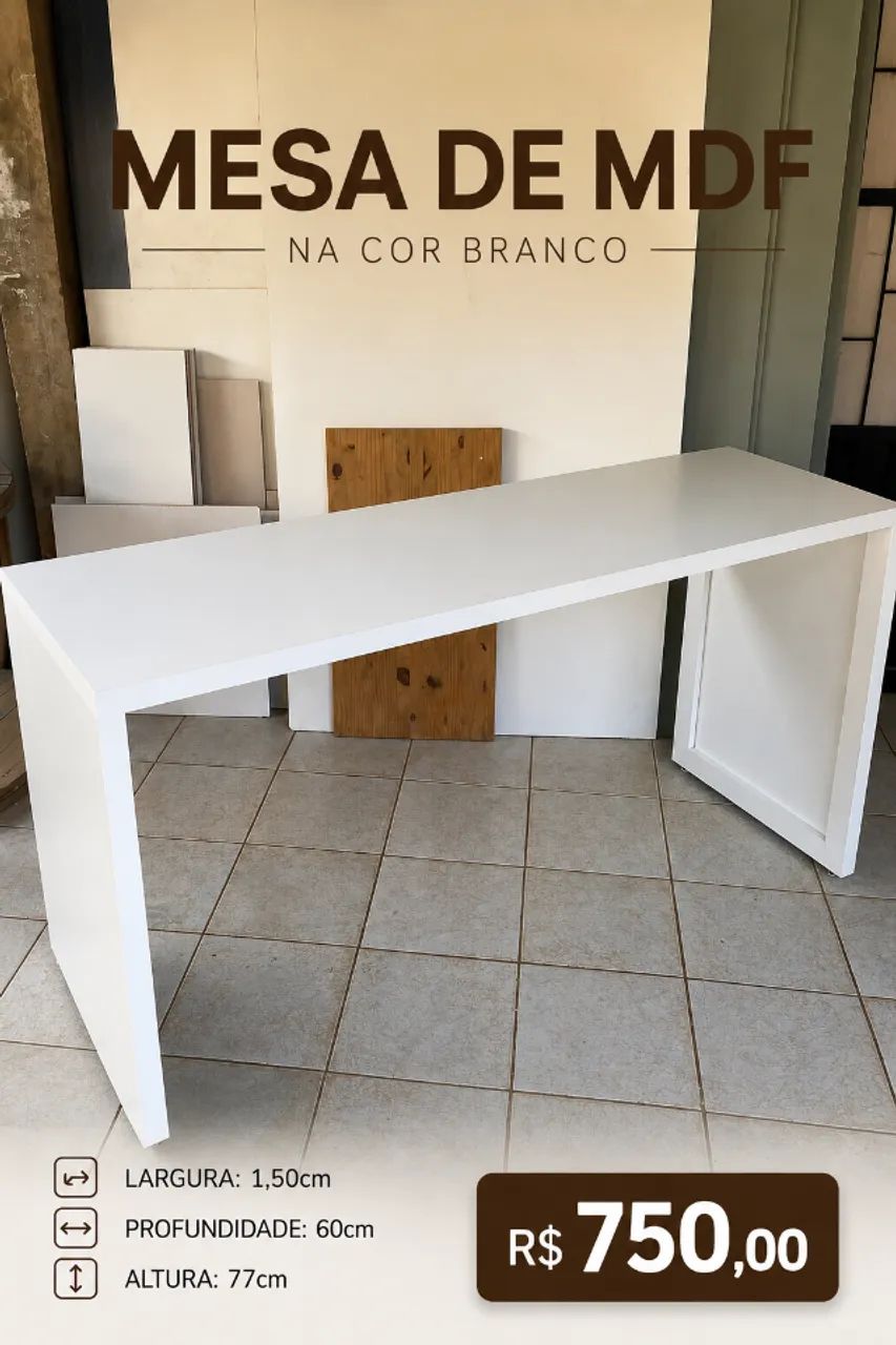 Mesa Escrivaninha MDF Branca Grande 150x60cm Nova e Moderna