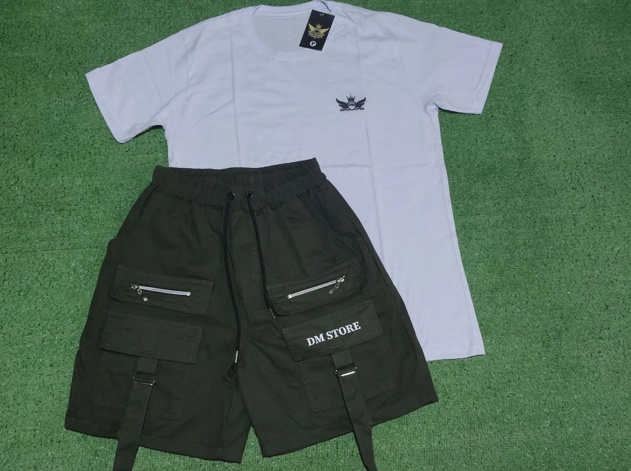 Conjunto camiseta e bermuda masculina verde e branco - Foto 3