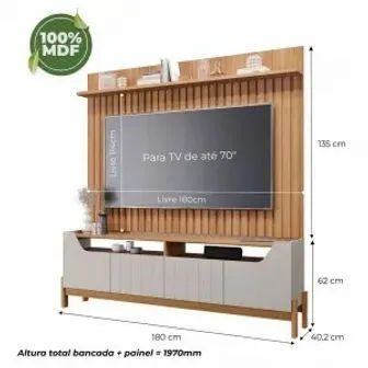 Bancada Moema + Painel Trend, 100% MDF, Para Tvs ate 70"- Permobili - Foto 3