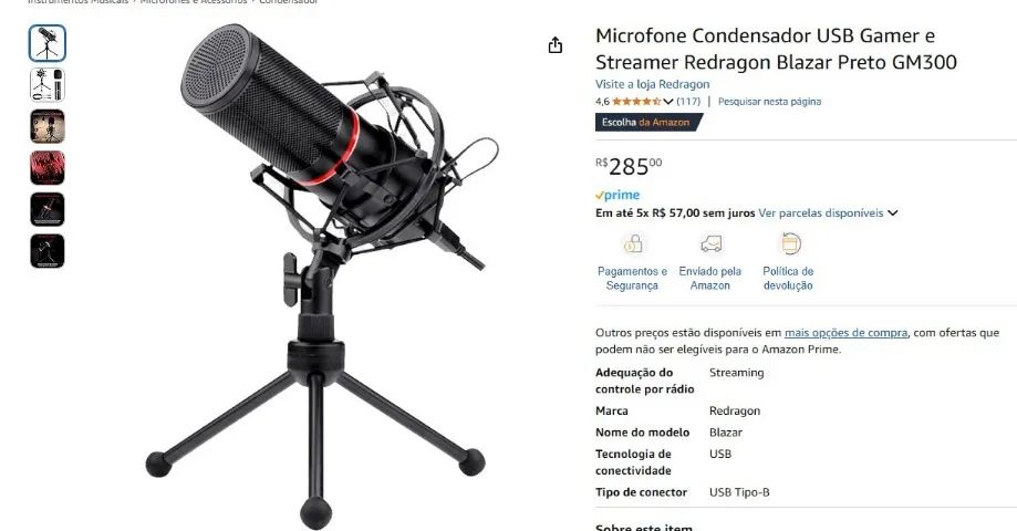 Microfone Condensador USB Gamer e Streamer Redragon Blazar Preto GM300 - Foto 2