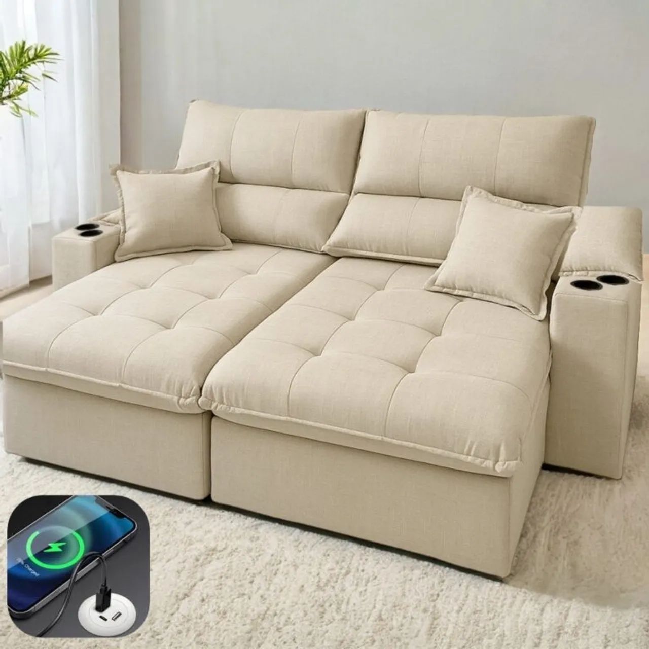 Sofá Retrátil e Reclinável 2,90m USB +Porta Copos c/ Molas Ensacadas tt765