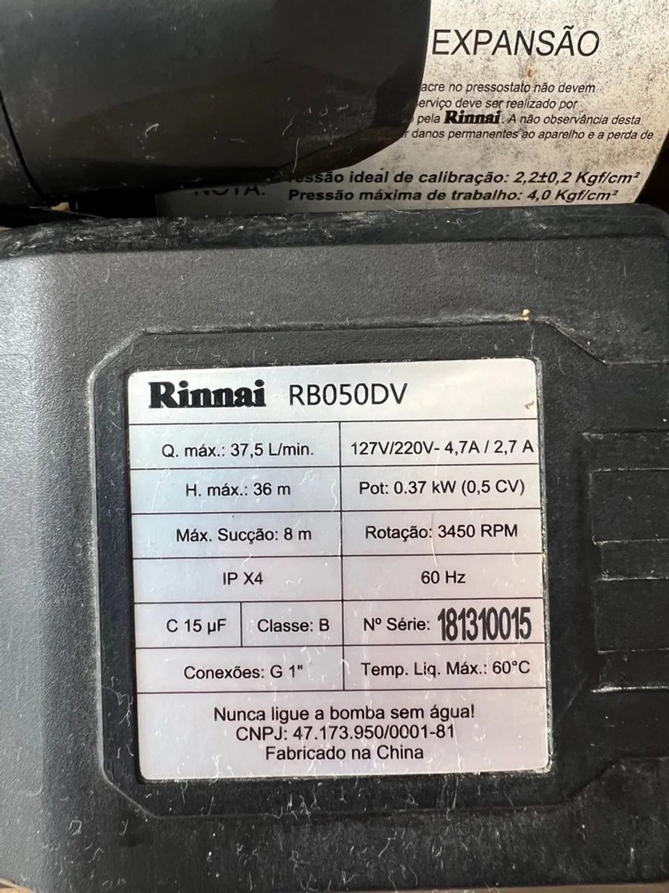 Bomba Pressurizadora - Pulmão com vaso de Expansão Rinnai - RB050 DV 1/2 CV 127/220v - Foto 6