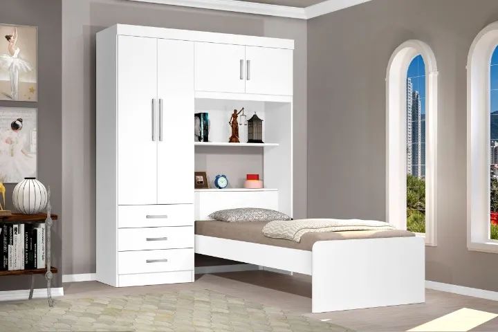 Guarda Roupa Com Cama Solteiro Cancun 4Pts Branco.Lilas Flex J.A Moveis - Entrega Rápida!