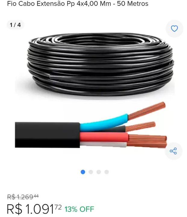 Fio Cabo Extensão PP 4x4,00 mm - 50 Metros