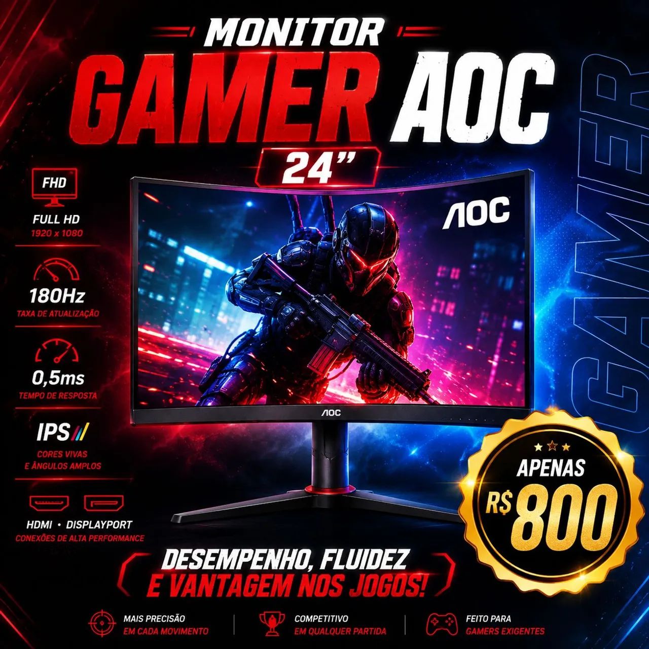 Monitor Gamer AOC 24" Full HD 180Hz Gaming <br>500$