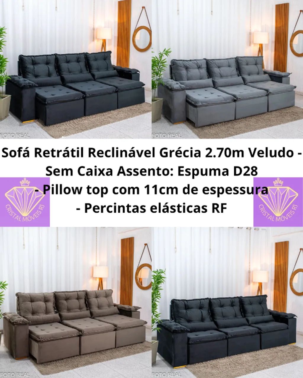 Sofá Retrátil Reclinável Grécia 2.70m Veludo RF