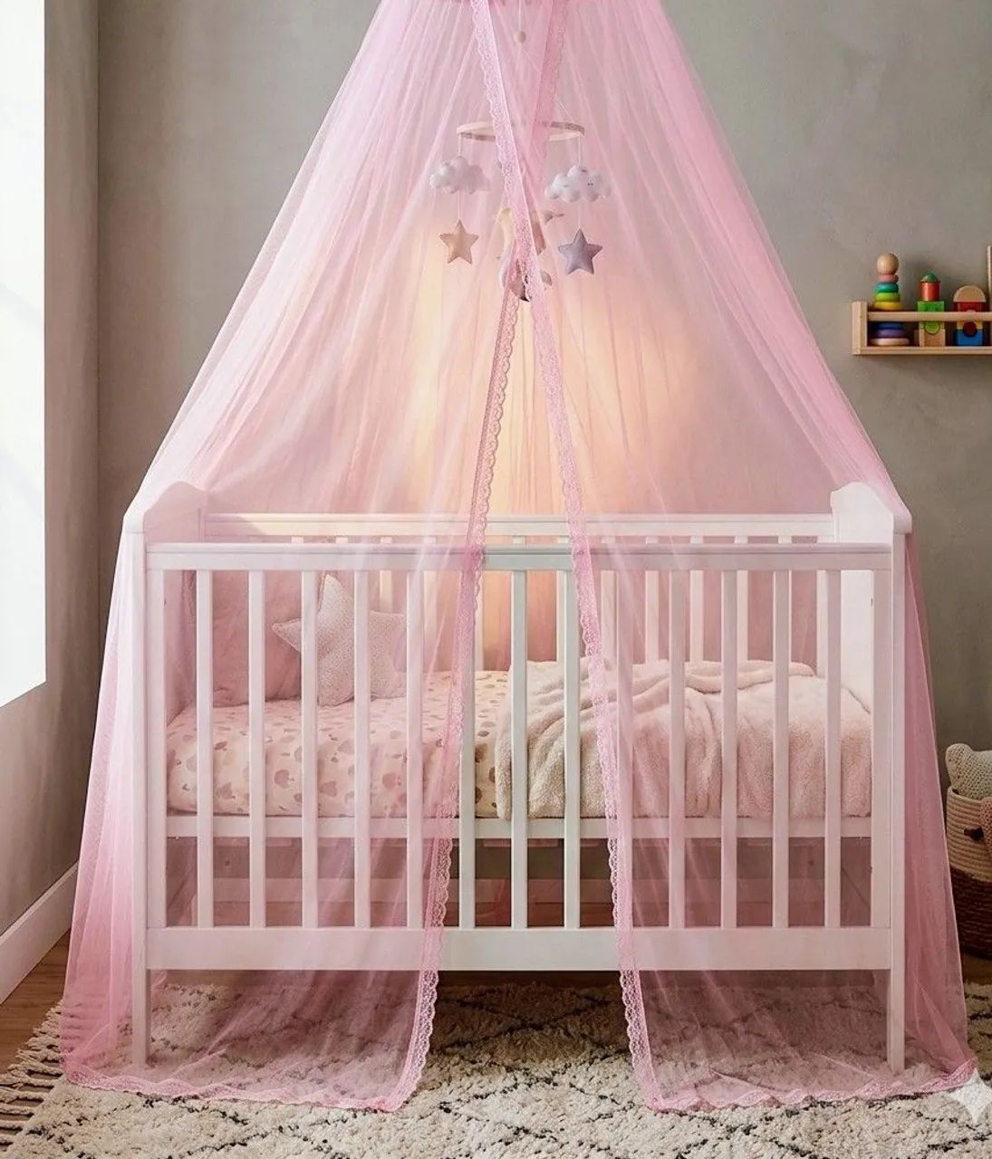 Véu Mosquiteiro Rosa para Dossel de Parede Berço Bebê - Entrega Grátis 