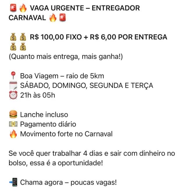 Vagas pra motoboy em hambúrgueria em boa viagem no período do carnaval