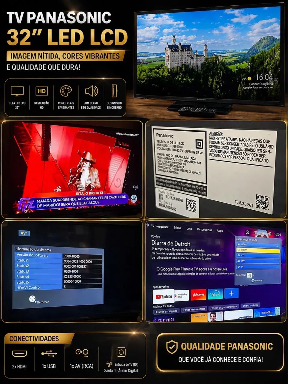 TV Panasonic LED 32" TC-32F400B Completa com Controle e Base - Excelente Estado