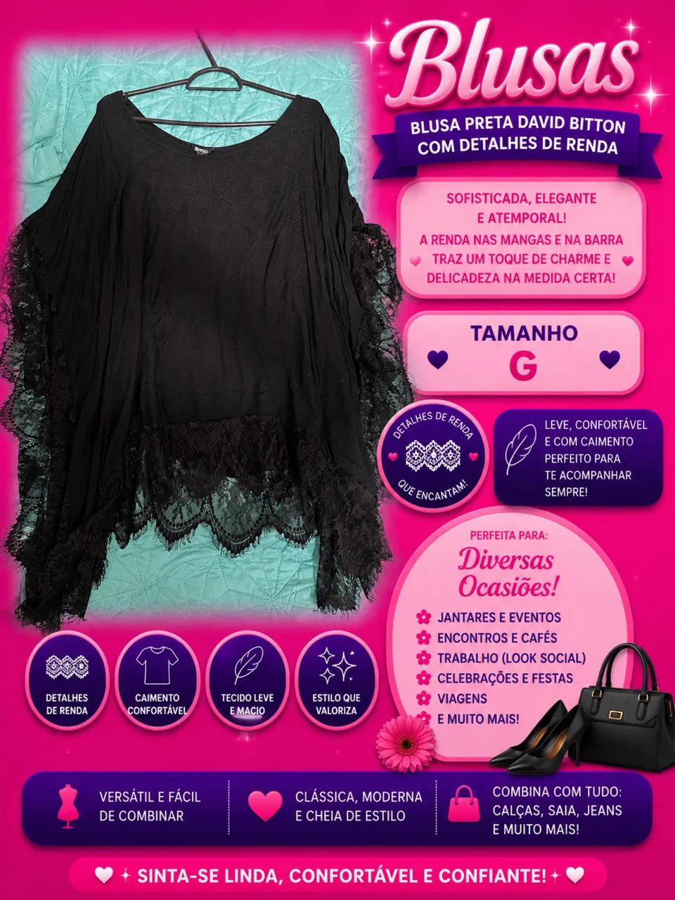 Blusa preta fluida com detalhe de renda  David Bitton tamanho G 