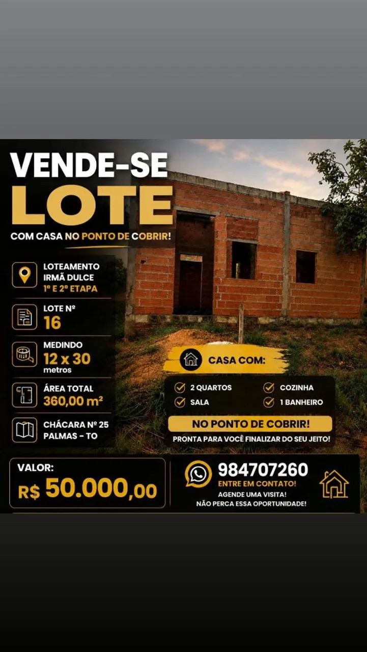 VENDE-SE LOTE COM CASA EM CONSTRUÇÃO.