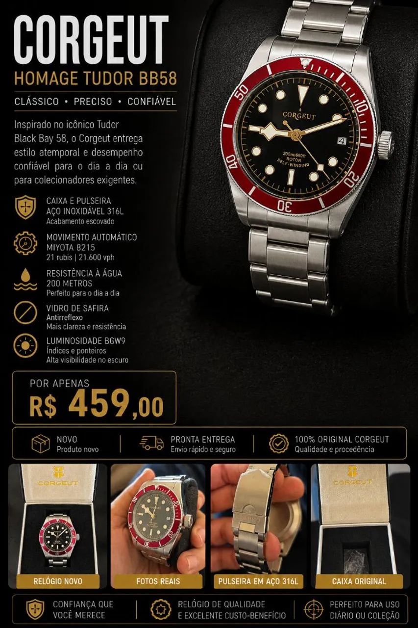 Relógio Corgeut homage Tudor bb58