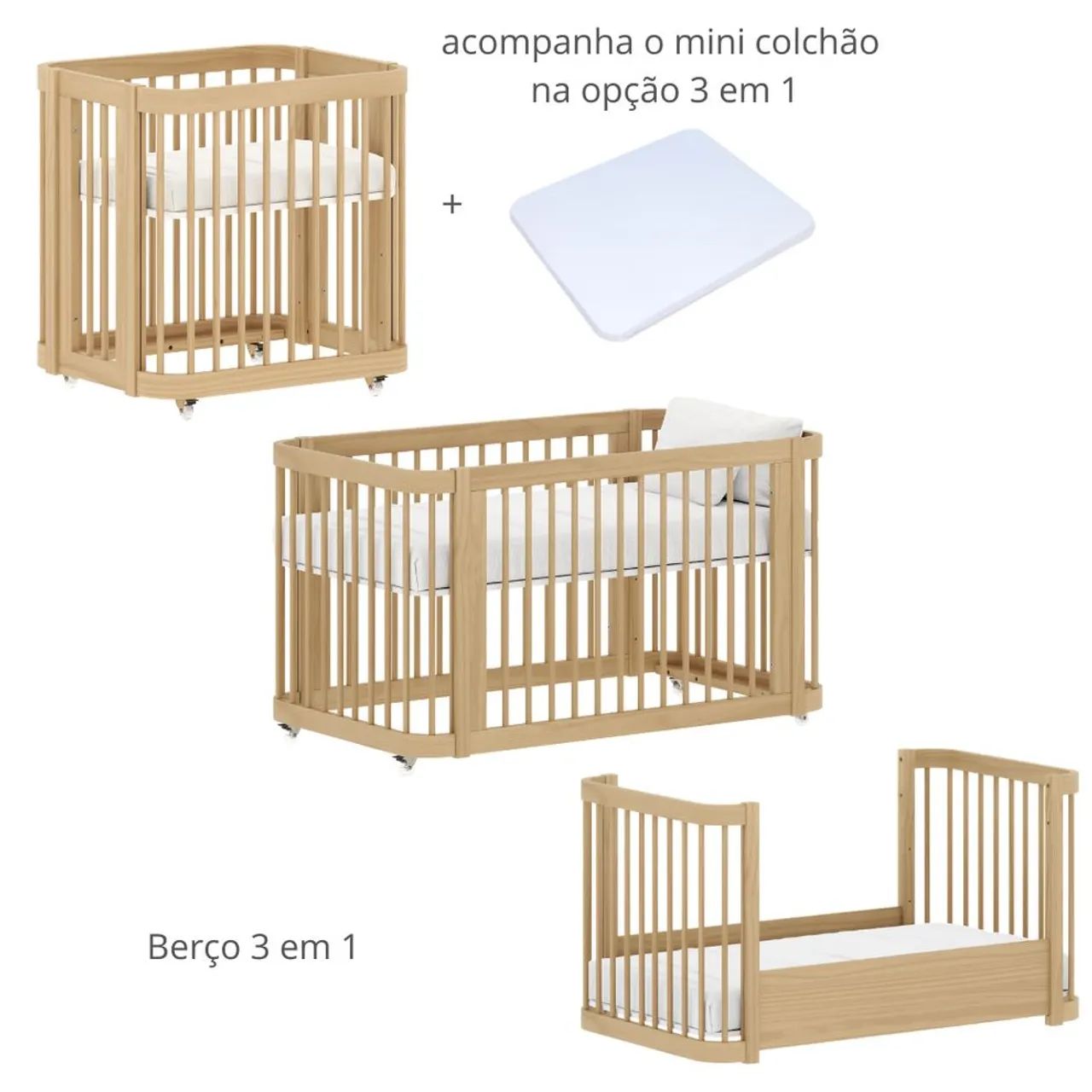 Berço 3 em 1 em madeira maciça 