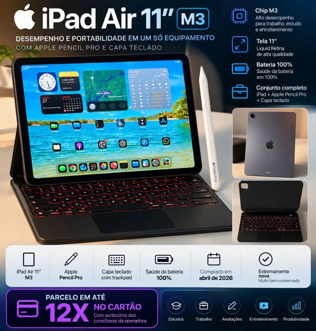 Ipad air 11 M3 + Capa Teclado + Apple Pencil Pro