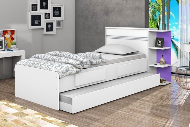 Quarto bicama solteiro com gavetas e baú 