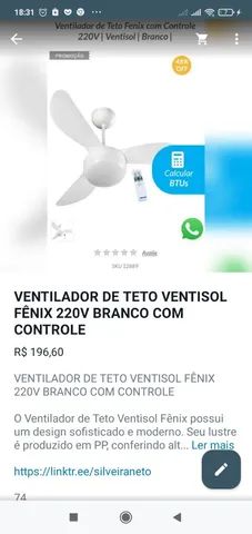 VENTILADOR DE TETO FÊNIX 220V VENTISOL