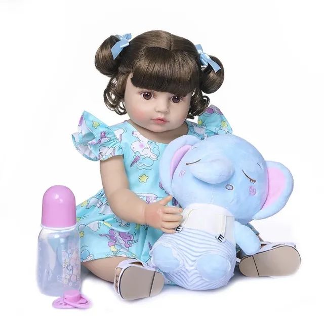 Elefantinho Amigo Baby Reborn Bebê Reborn Corpo Silicone Vestidinho Azul Cabelo Castanho - Foto 3