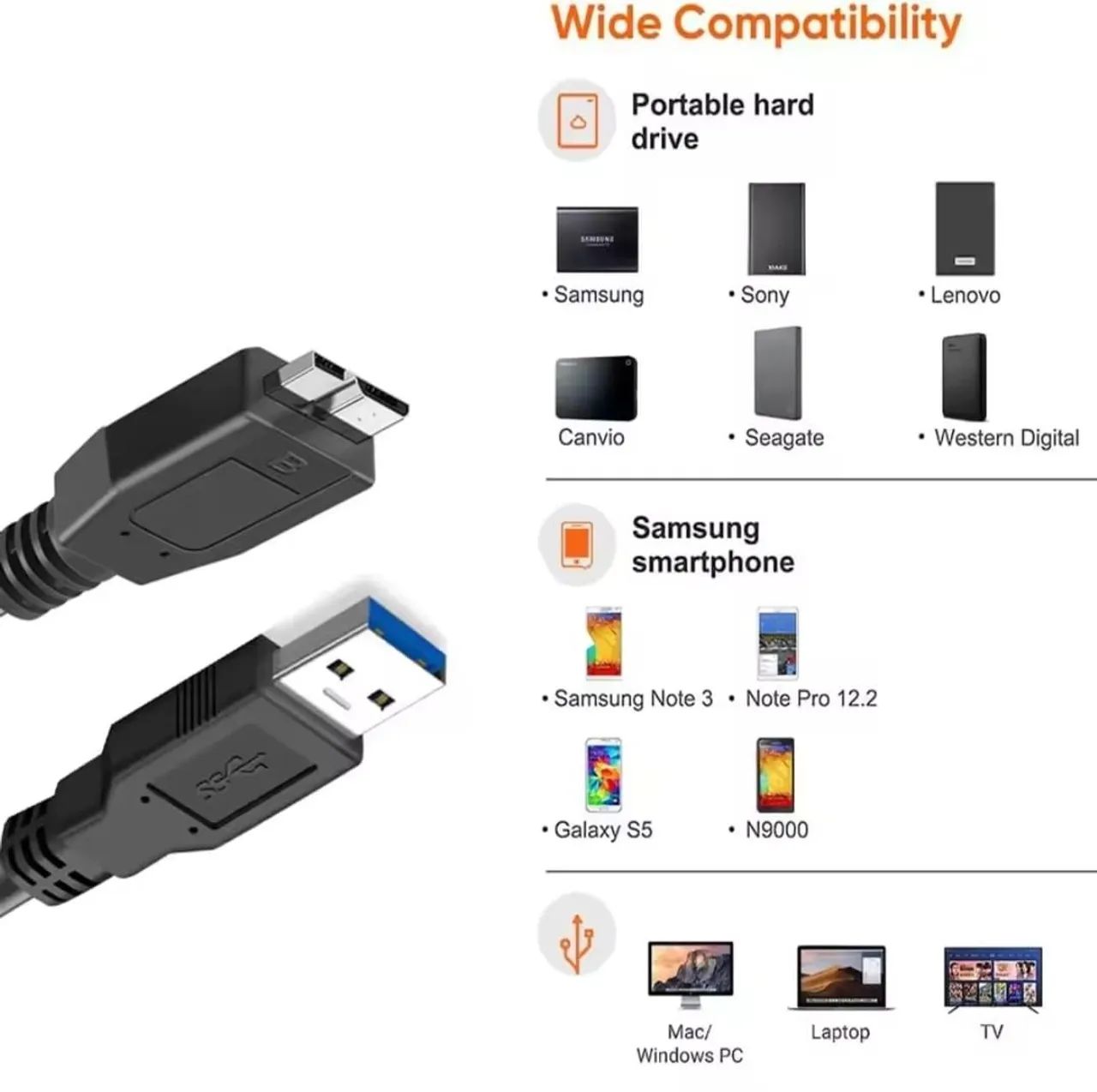 Cabo USB Tipo B para HD ou celular- modelo 3.0 USB micro-b 3. 5gbps R$25,00  - Foto 3