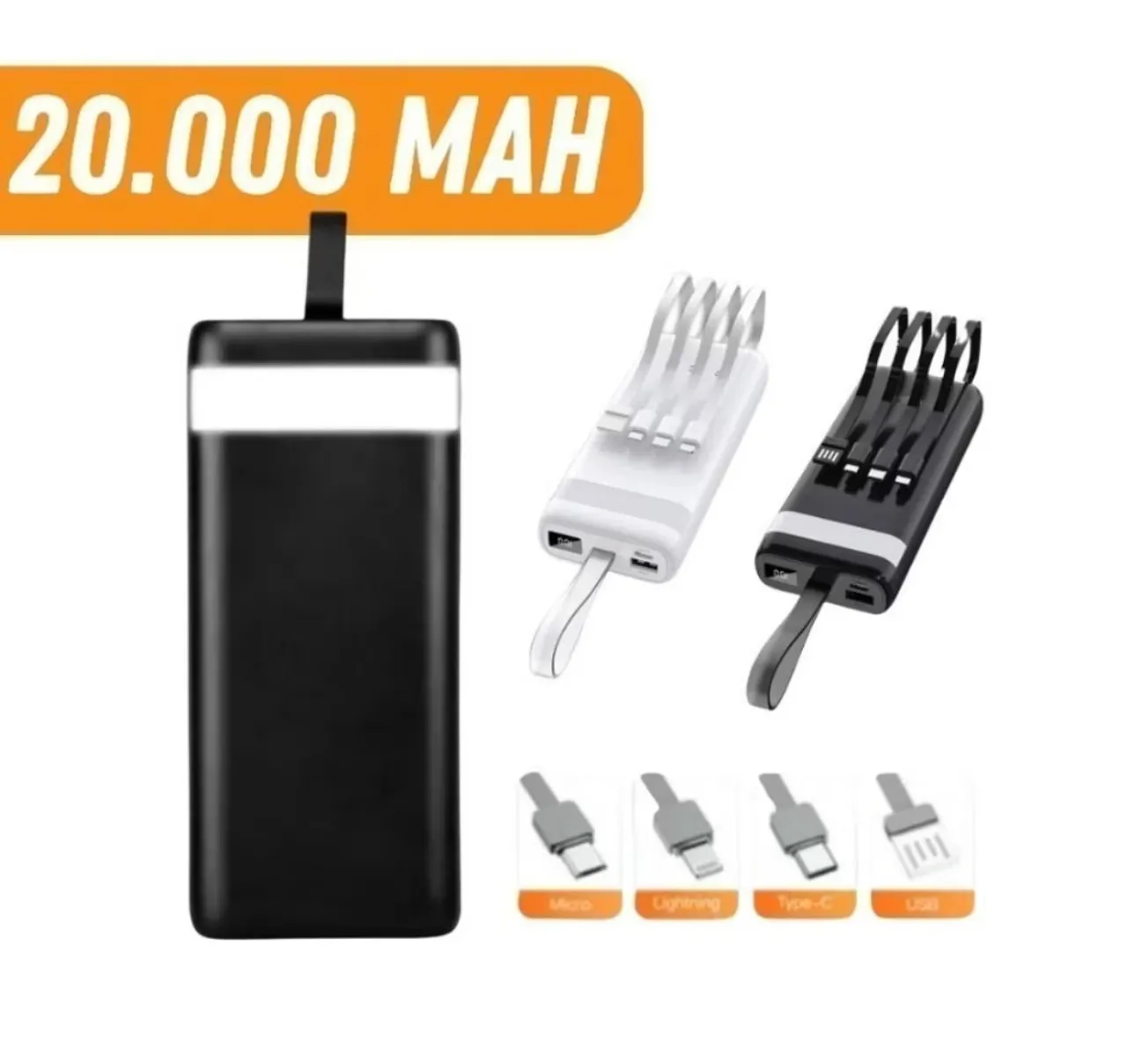 Carregador Portátil 20.000 mAh com Cabos Inclusos