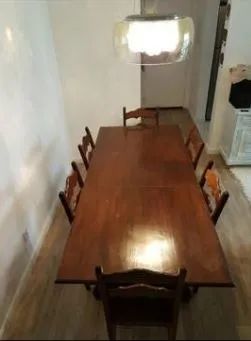 Mesa de jantar retangular com expansão e 6 cadeiras (madeira maciça)