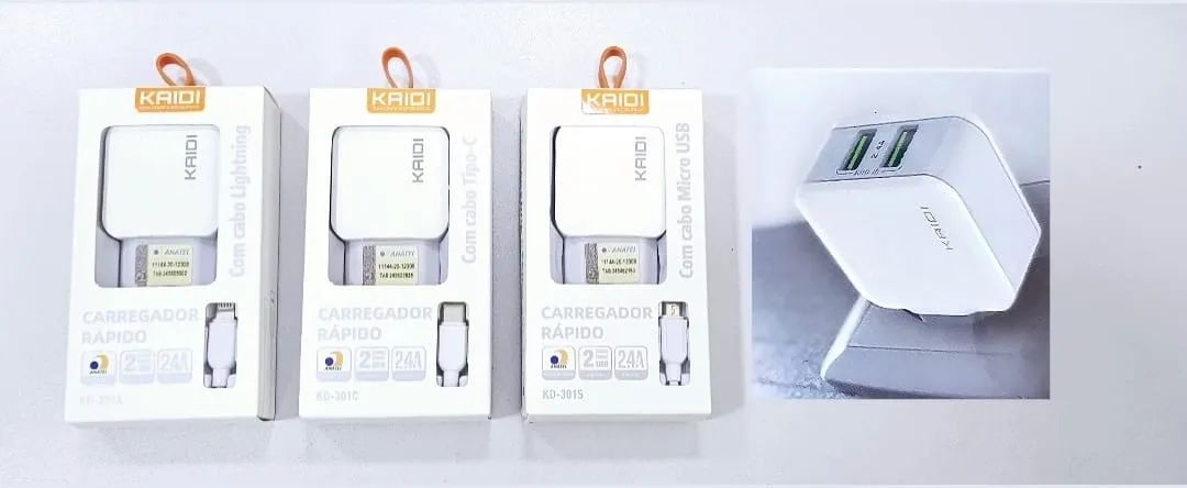 Carregadores KAIDI Rápidos + Cabo Lightning, Tipo-C e Micro USB