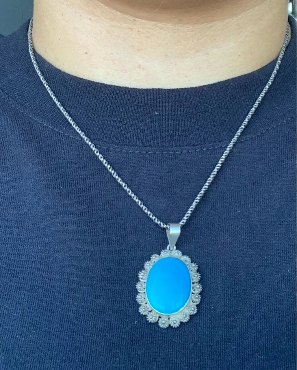 Colar de prata 925 Vintage com Pingente Oval Azul - Foto 6