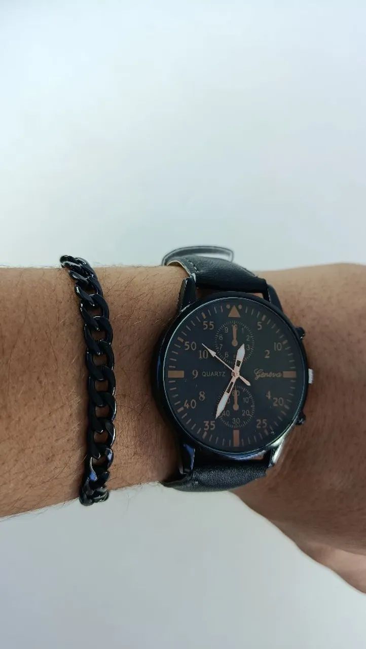 Relógio de Pulso De Boa Qualidade com Pulseira Preta Brinde Colar e Pulseira  - Foto 4