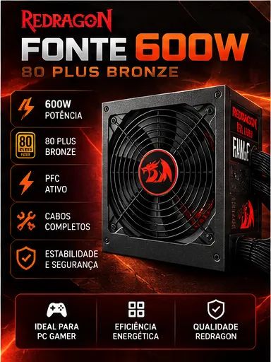Fonte Redragon 600W 80 Plus Bronze