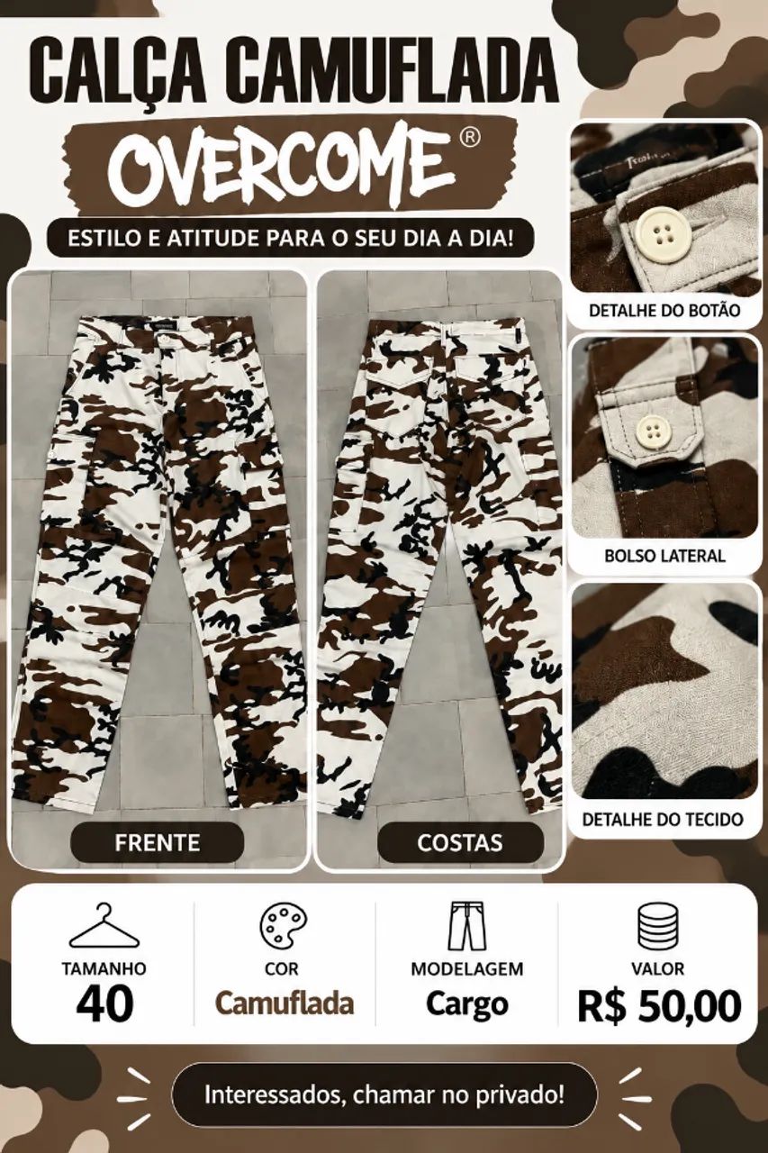  Calça cargo camuflada tamanho 40