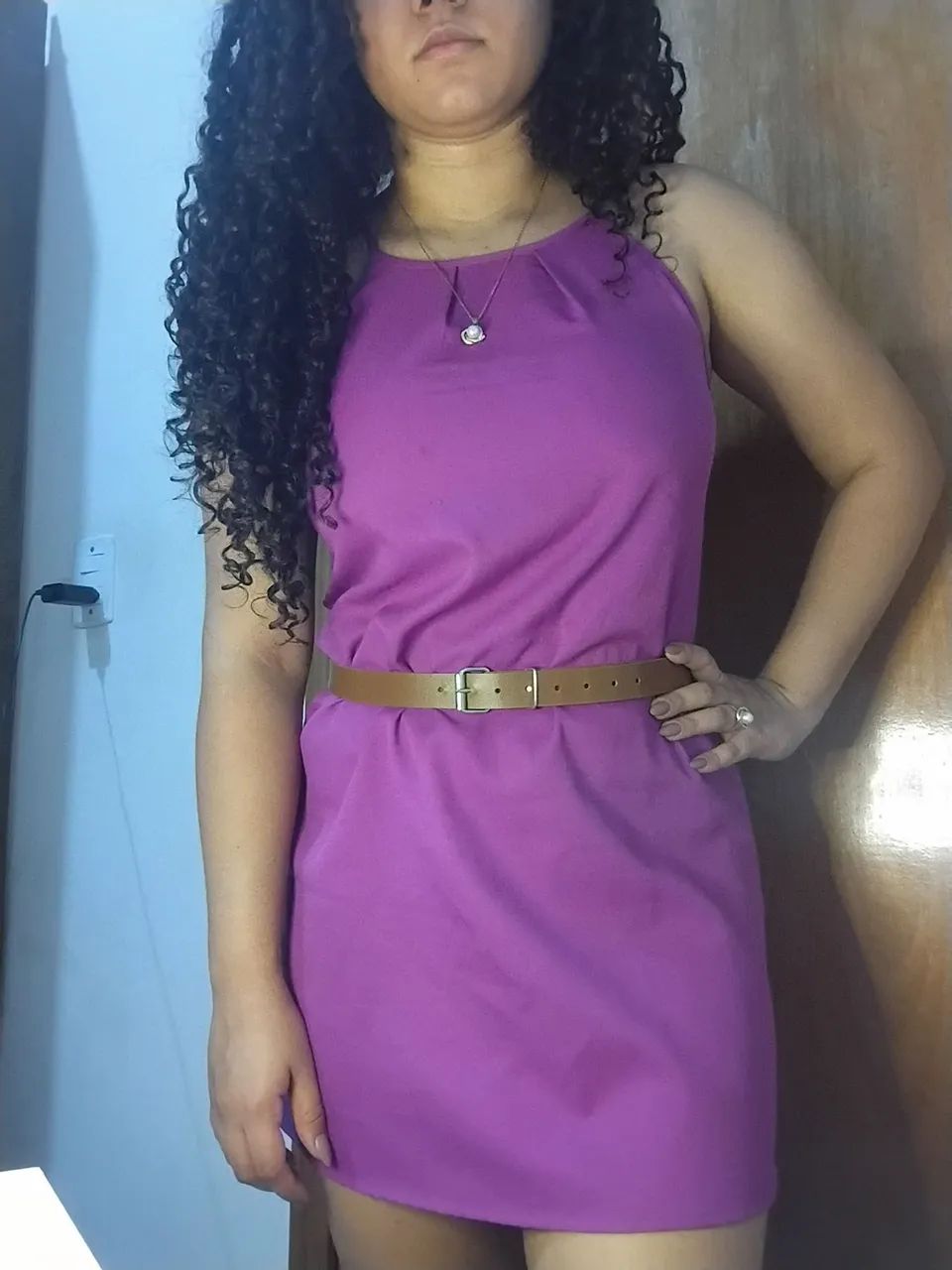Vestido Curto Roxo Com Cinto Marrom (Brechó) - Foto 5