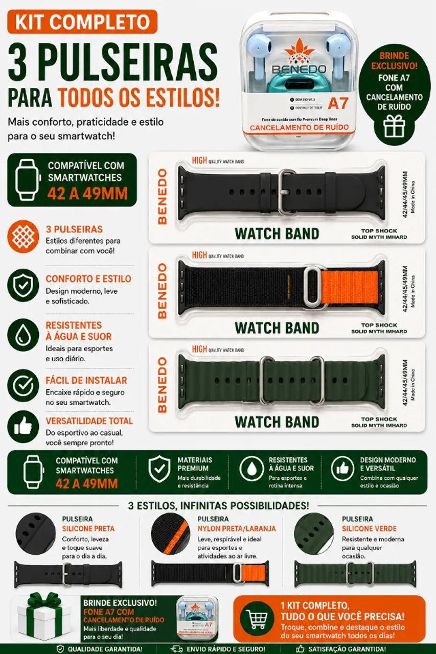 KIT PULSEIRAS SMARTWATCH E FONE A7